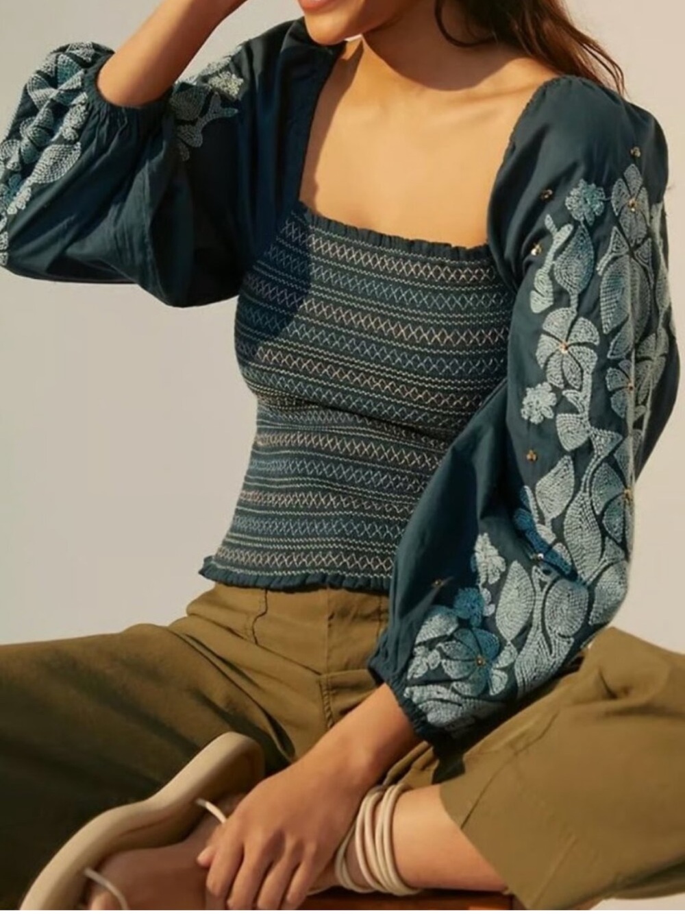Anthropologie NWT teal embroidered floral smocked puff sleeve blouse sz xl